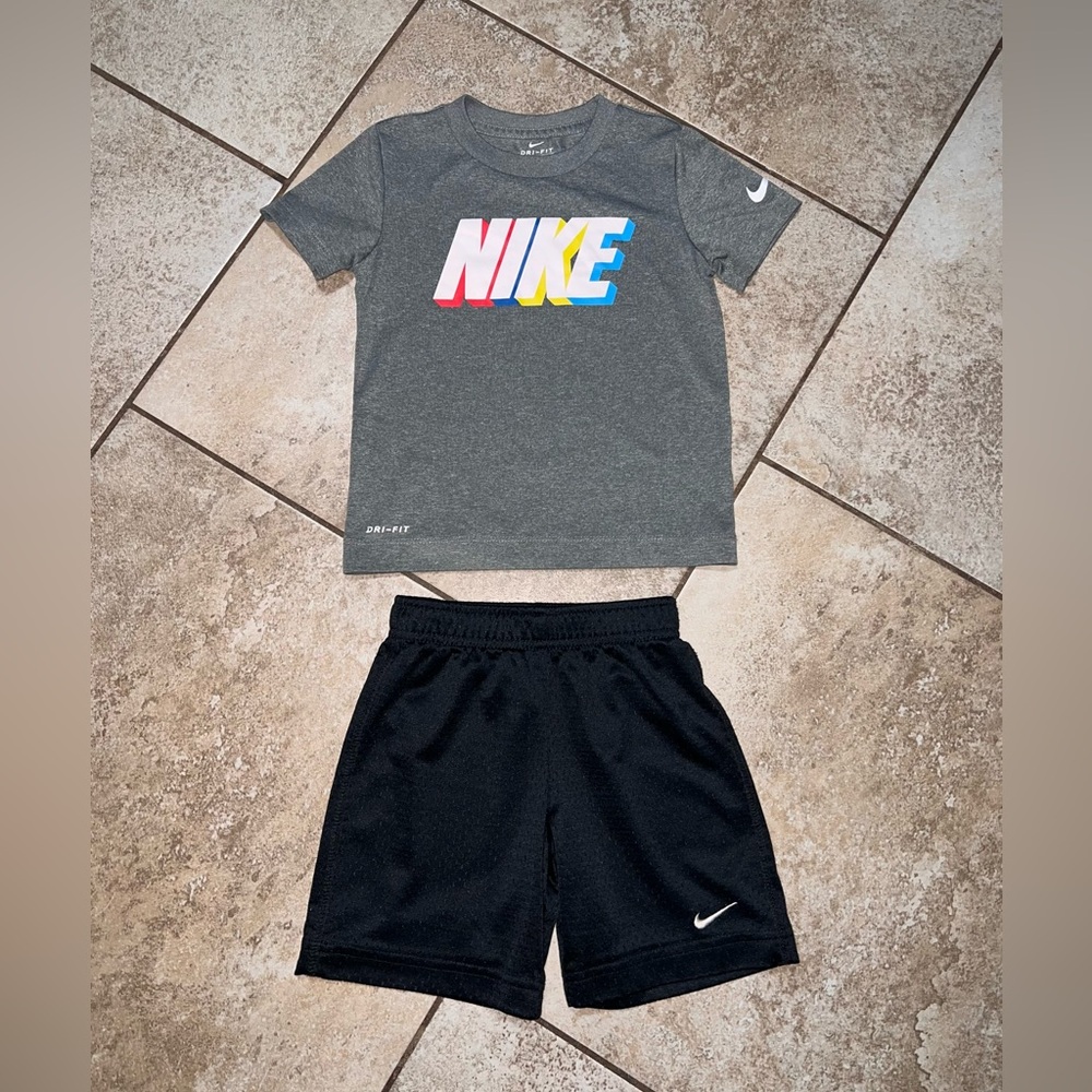 Nike Dri-Fit Basketball Gray T- Shirt Tee Top/Black Shorts Set 4T